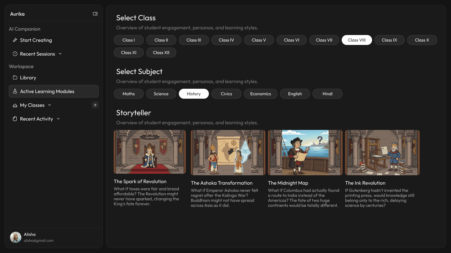 Active Learning Modules — Storyteller selection screen