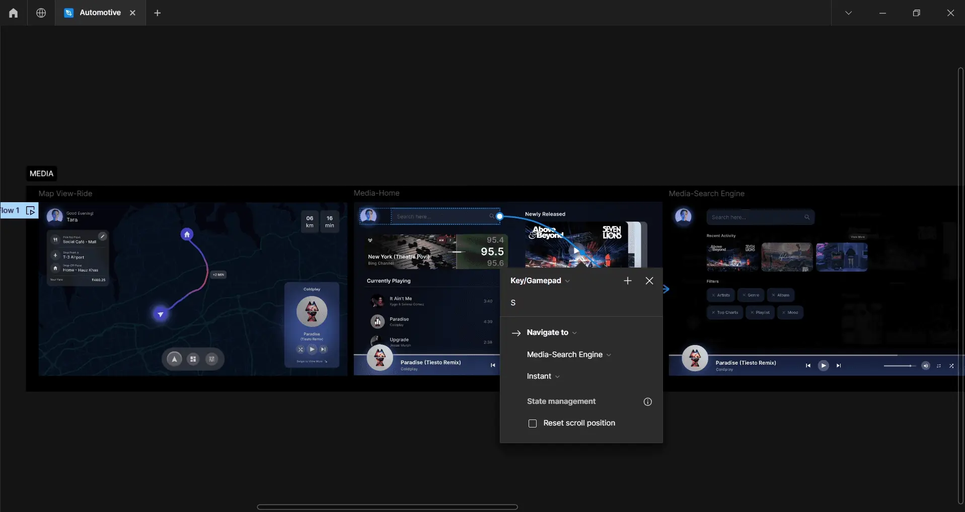 Figma Prototype Screens — Map View, Media Home, Media Search